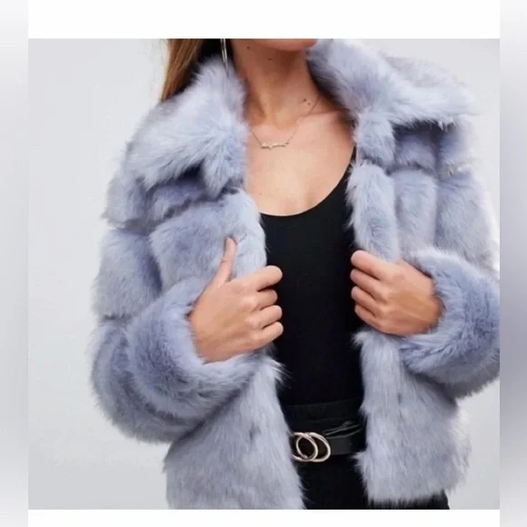 Missguided Faux Fur Jacket - Light Gray/Blue - Picture 1 of 10